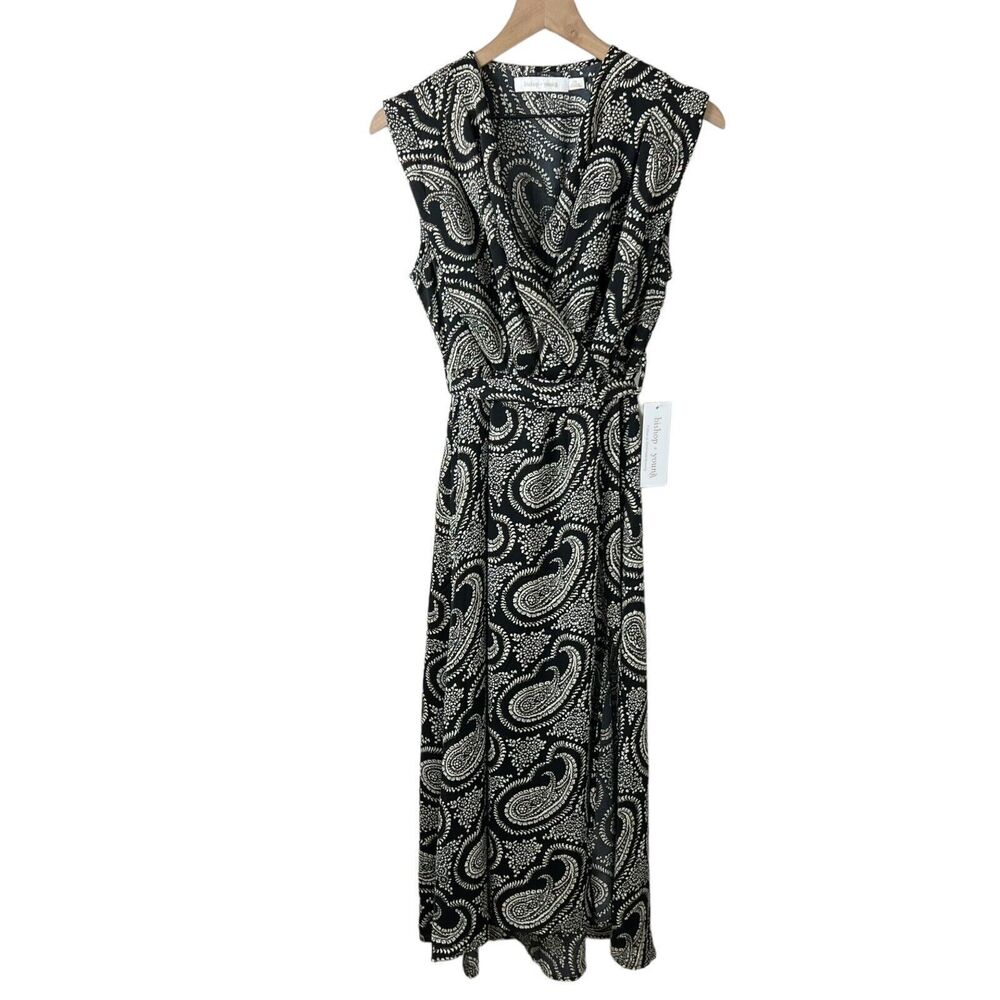 Bishop + Young Womens Black Tan V Neck Cap Sleeve Paisley Wrap Dress XS NWT